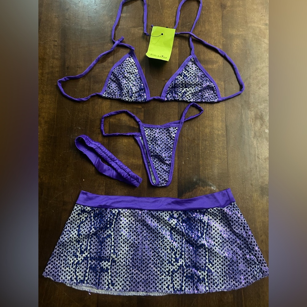 NWT Sexy Handmade Animal Snake Print Tri-Top Thong Bottom Bikini w/ Skirt Set